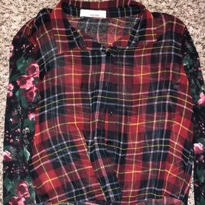 Sheer button down shirt, plaid with flower sleeves